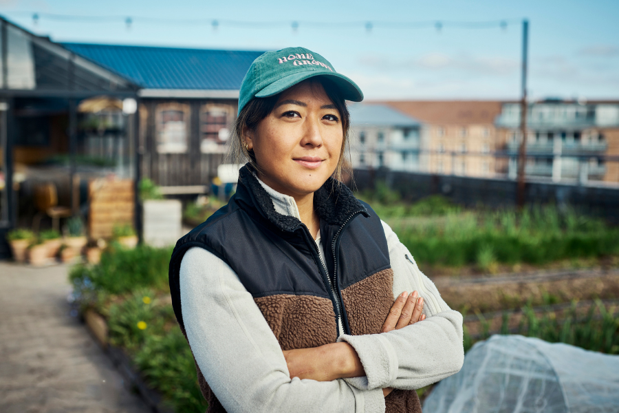 Farmer in front of fields
